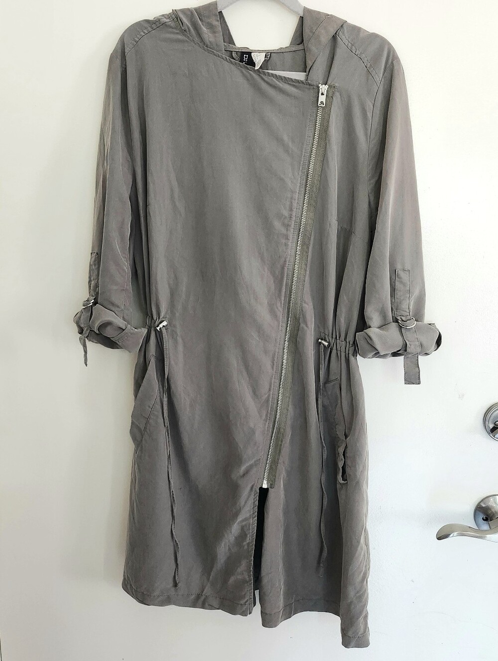 H&M Divided Utility Parka Jacket Womens 12 L Sage Green Gorpcore Asym Zip